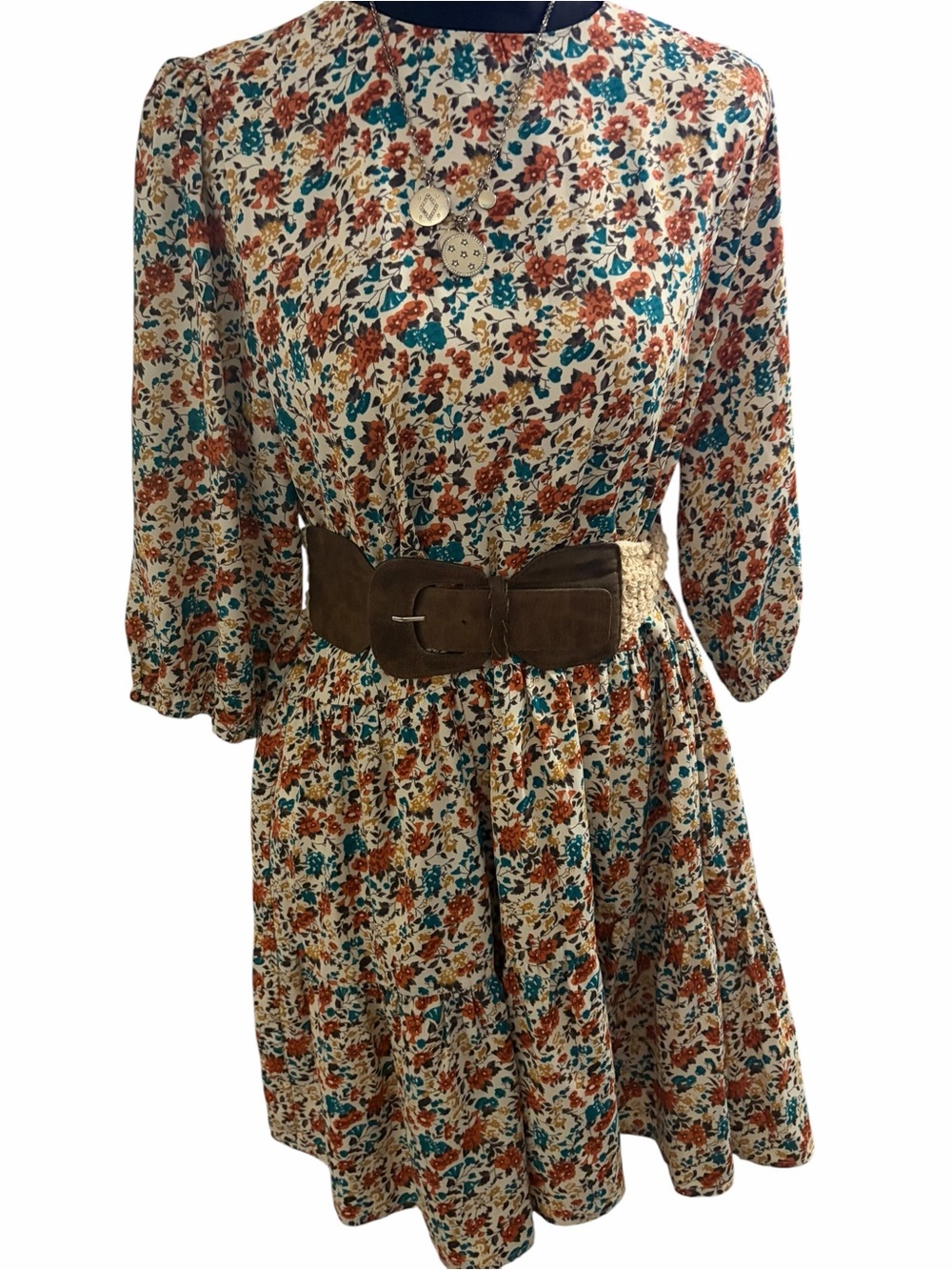 Pink Lily Cream Floral Dress with Rust and Teal Accents - Picture 2 of 7
